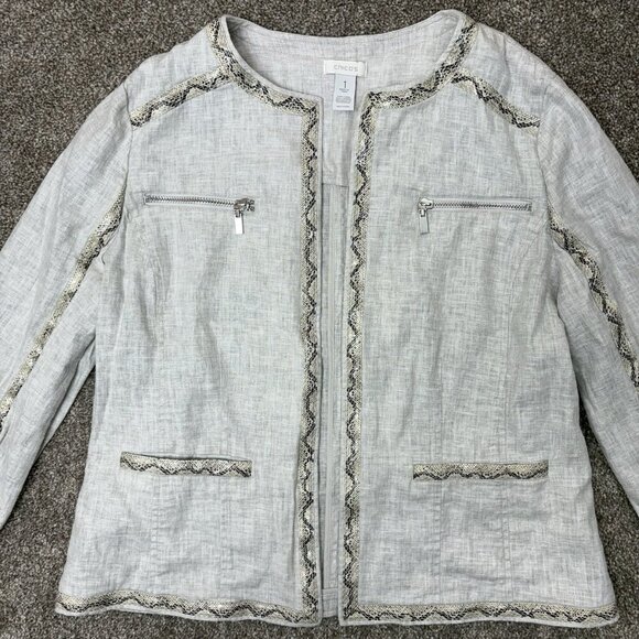 Chico's Women's Linen Blend Jacket Size 1 (M/8-10) Gray Open Front Pockets EUC - Picture 3 of 14